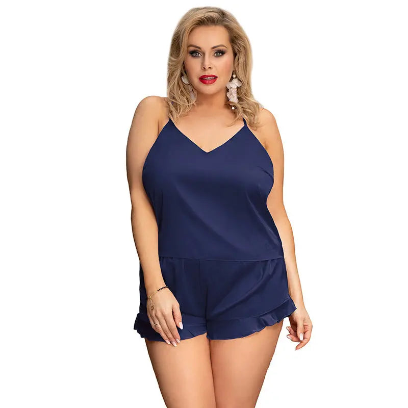 Comeondear Sleepwear Home Suit Summer V Neck Sexy Pyjamas Women Spaghetti Strap Loose Cami Top Shorts Pijama Satin Femme R80958 hercurva