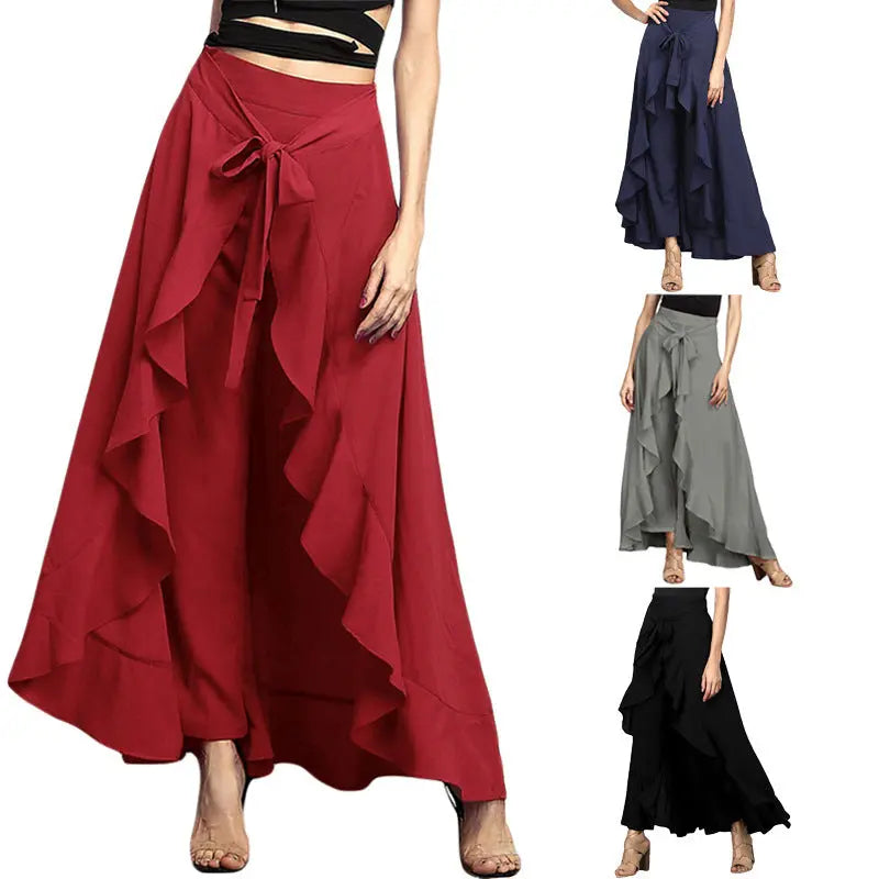 Irregular Ruffled High-Waist Lace-Up Trousers hercurva