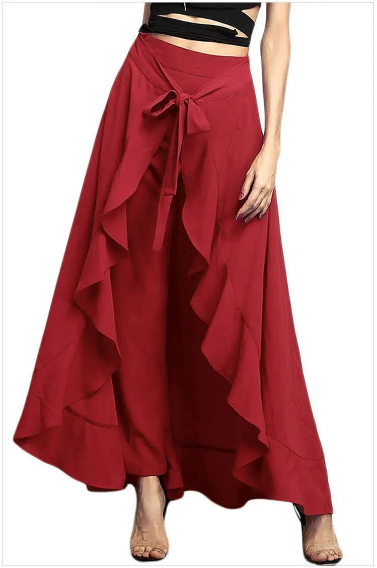 Irregular Ruffled High-Waist Lace-Up Trousers hercurva