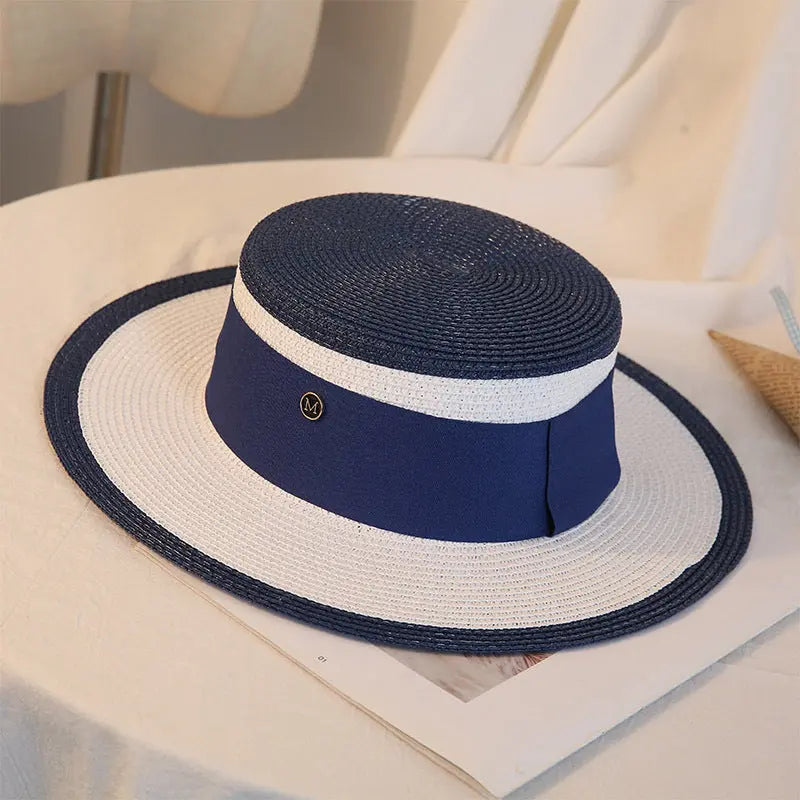 Summer Elegant Retro Women Flat Top Straw Hat Trip Caps Leisure Beach Sun Hats M Letter Breathable Flower Beach Hat hercurva