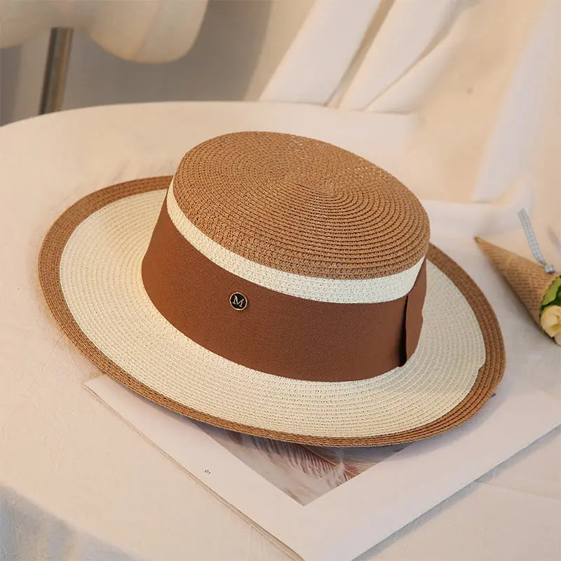 Summer Elegant Retro Women Flat Top Straw Hat Trip Caps Leisure Beach Sun Hats M Letter Breathable Flower Beach Hat hercurva