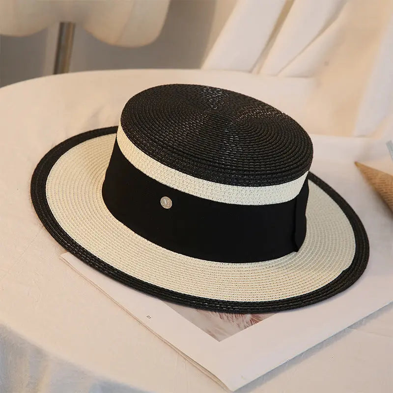 Summer Elegant Retro Women Flat Top Straw Hat Trip Caps Leisure Beach Sun Hats M Letter Breathable Flower Beach Hat hercurva