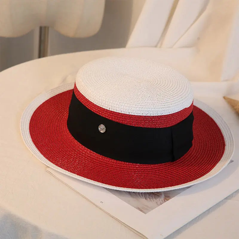 Summer Elegant Retro Women Flat Top Straw Hat Trip Caps Leisure Beach Sun Hats M Letter Breathable Flower Beach Hat hercurva