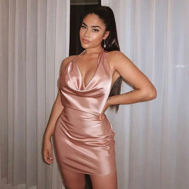 Satin Party Dress V Neck Backless Mini Sleeveless Summer Party Dress hercurva
