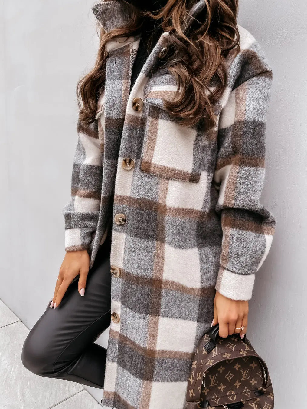 Button Lapel Casual Warm Plaid Long Woolen Coat hercurva