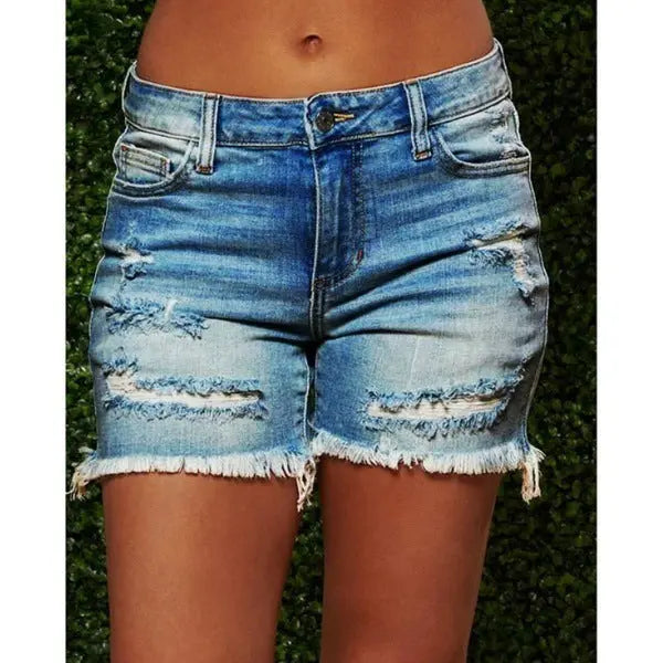 New Style Ripped Fringed High Stretch Denim Shorts Women hercurva