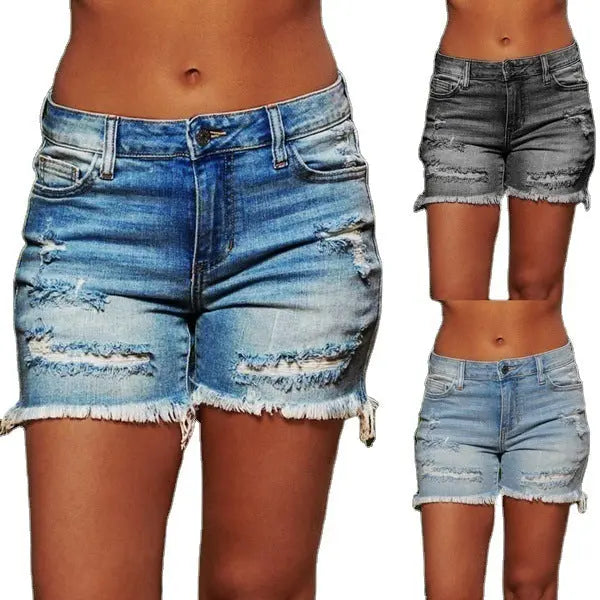 New Style Ripped Fringed High Stretch Denim Shorts Women hercurva