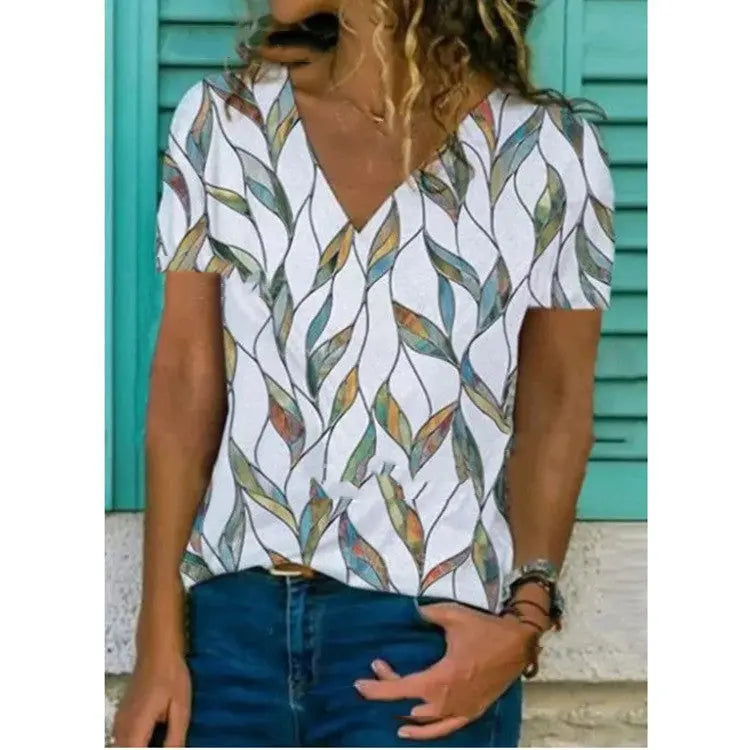 Summer Short Sleeved Loose Print Temperament V Neck Blue Vest hercurva