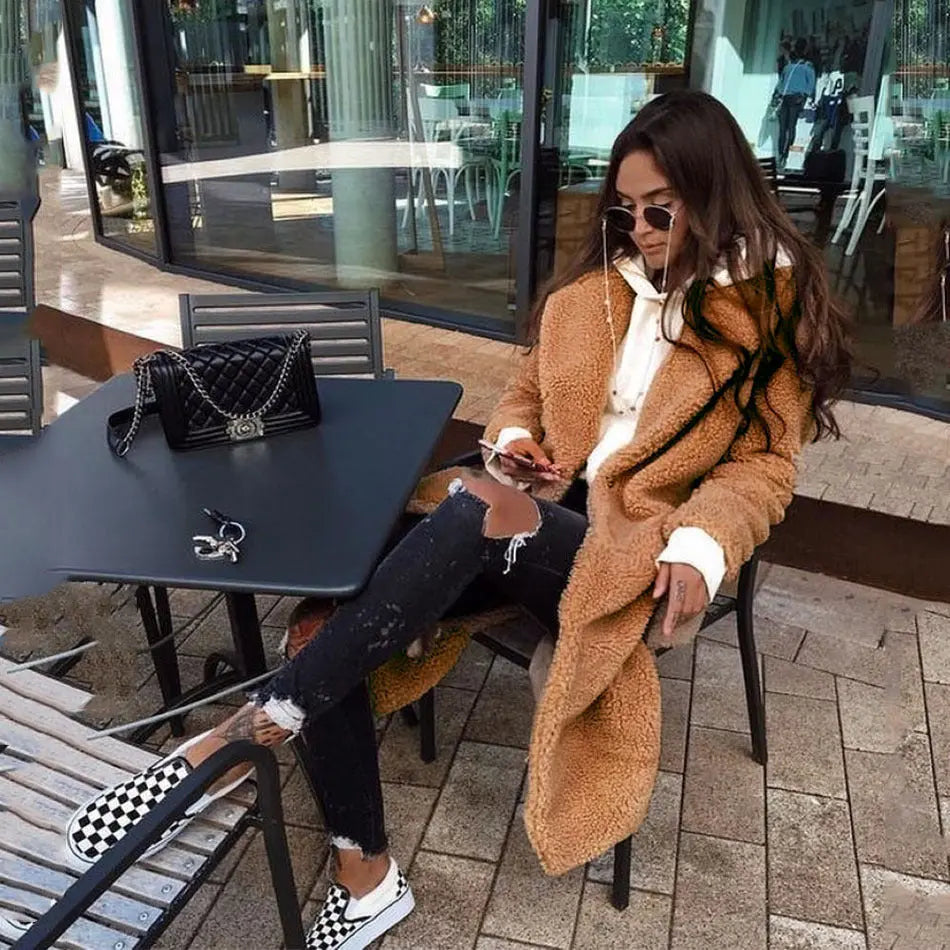 Solid color double-breasted woolen long coat hercurva