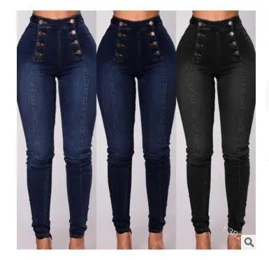 High-waisted Casual Jeans Trousers Double Row Multi-button hercurva