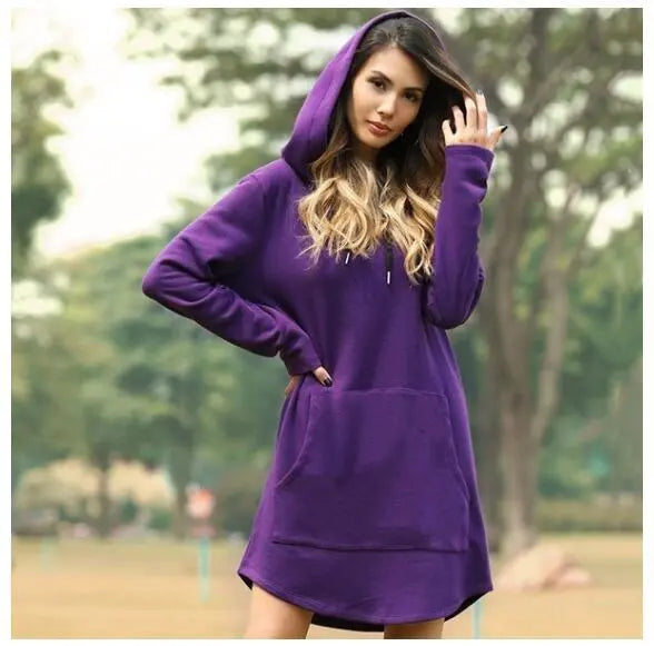Solid color pocket long sleeve hoodie dress hercurva