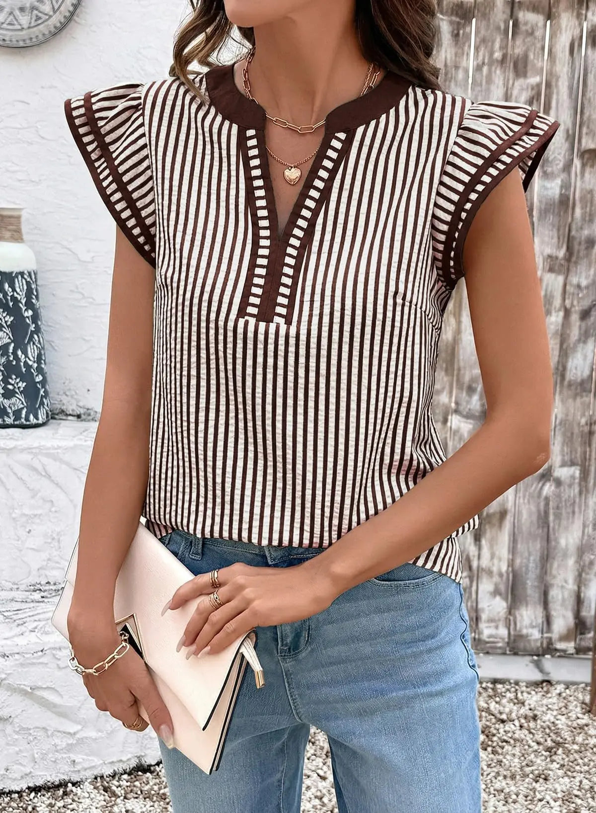 Khaki Stripe Double Ruffled Short Sleeve V Neck Blouse hercurva