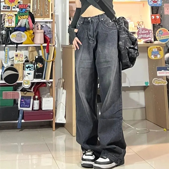 Black Jeans Women's High Waist Loose Straight Wide Leg Mopping Pants hercurva