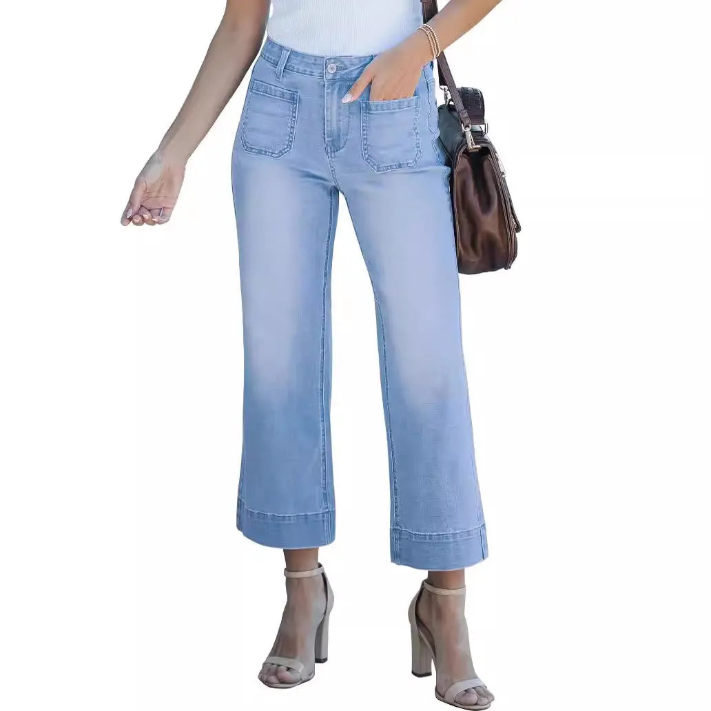 Slimming And Wide Leg Straight-leg Pants Washed Jeans Cropped Pants hercurva