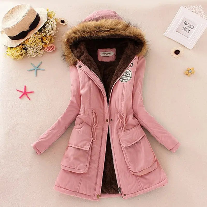 Long Women's Cotton-Padded Jacket With Wool Collar hercurva