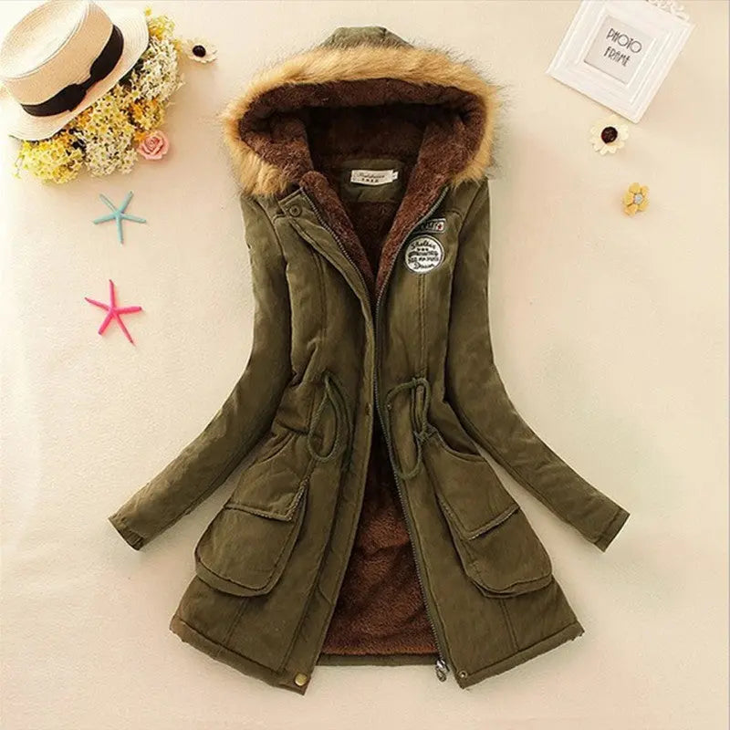Long Women's Cotton-Padded Jacket With Wool Collar hercurva