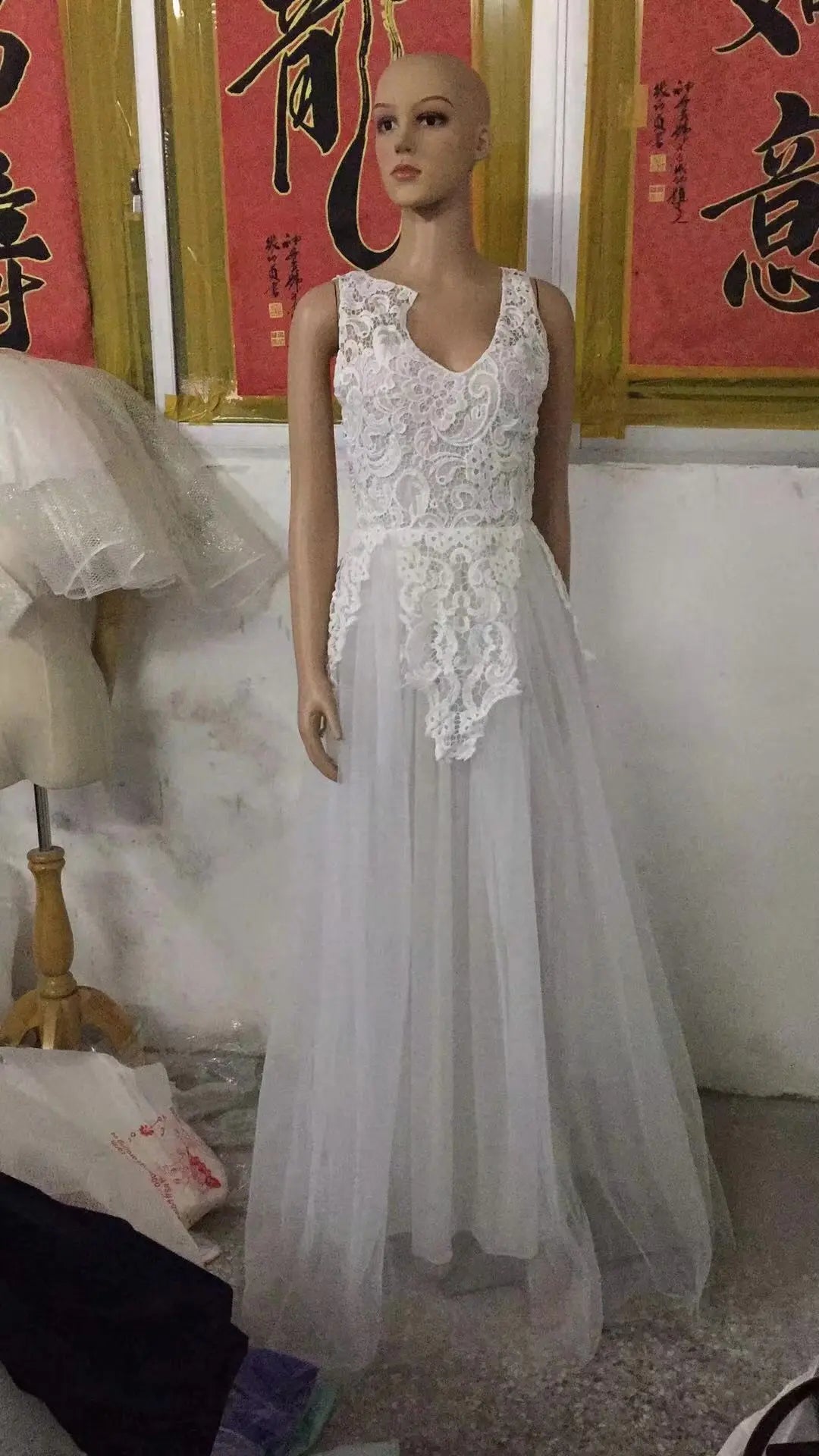 Women Wedding Dress Sleevless Flowers Lace Dress hercurva