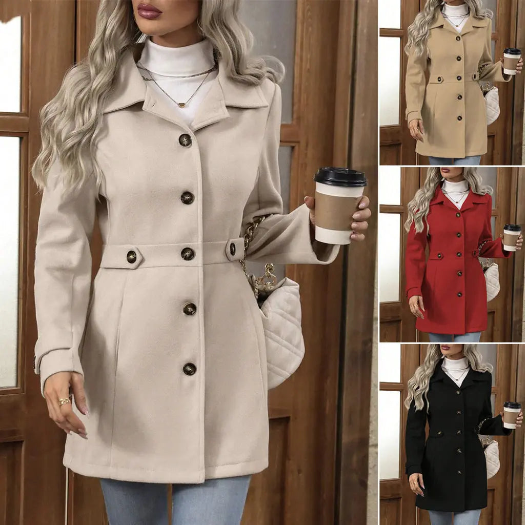 Elegant Single-breasted Woolen Coat Buttons Lapel Mid-length Jacket Temperament Commuter Outwear Clothing For Women hercurva
