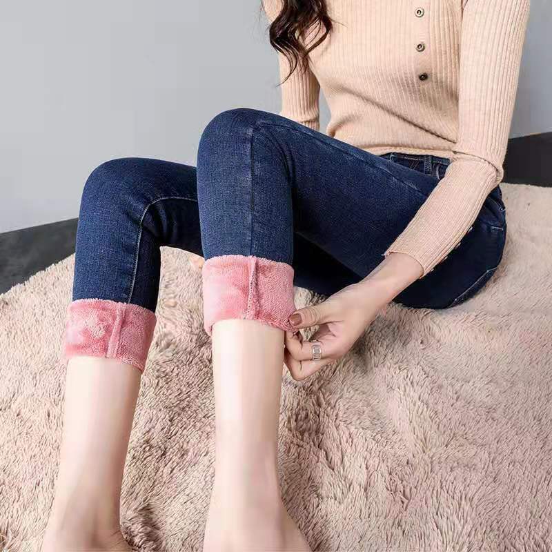 Women Thermal Jeans Winter Snow Warm Plush Stretch Jeans Lady Skinny Thicken Fleece Denim Long Pants Retro Blue Pencil Trousers hercurva