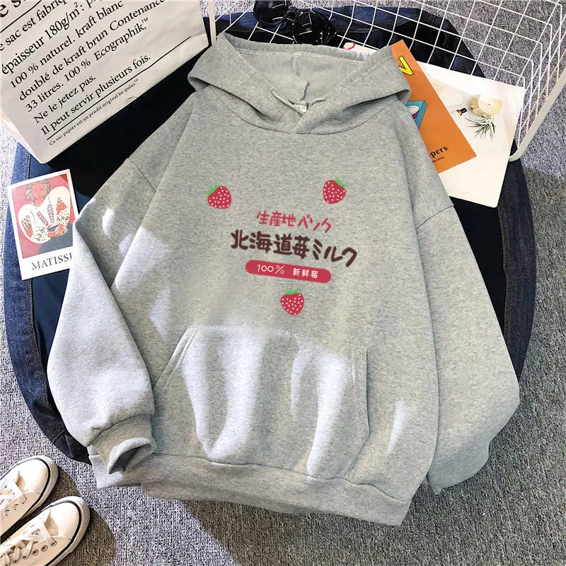 Candy Color Weatshirt Print Strawberry Figure Hooded Sweater hercurva