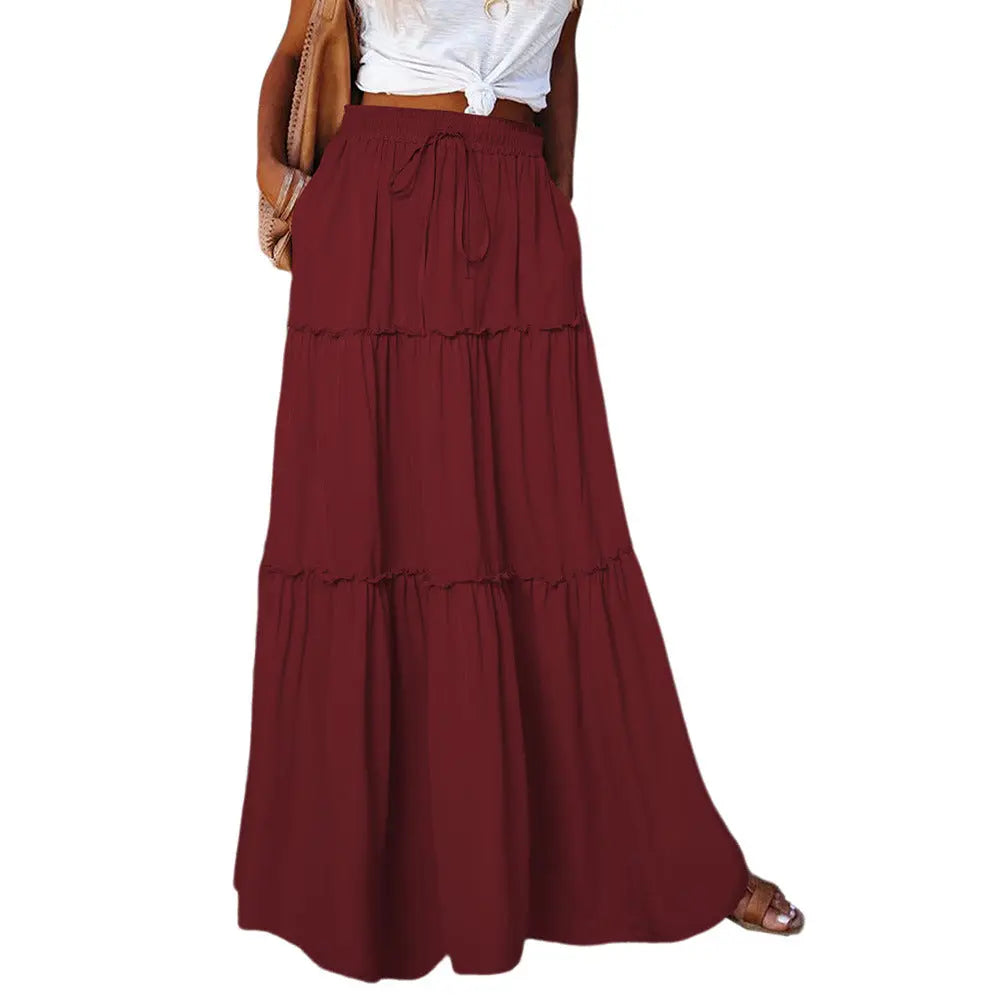 Women's Elastic High Waist A-Line Pleated Casual Maxi Dress hercurva