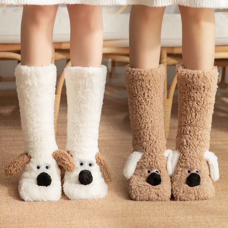 Cute Cartoon Dog Floor Socks Winter Warm Non-slip Plush Socks For Women hercurva