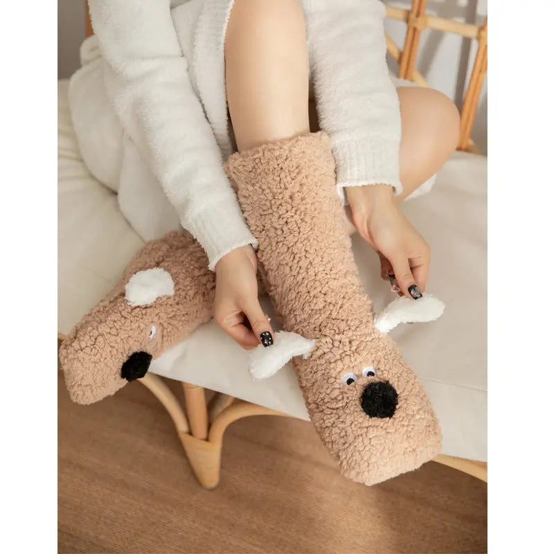 Cute Cartoon Dog Floor Socks Winter Warm Non-slip Plush Socks For Women hercurva