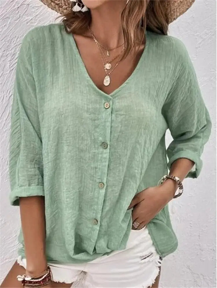 V-neck Long-sleeved T-shirt Fashion Solid Color Button Top Casual Loose Clothing For Women hercurva