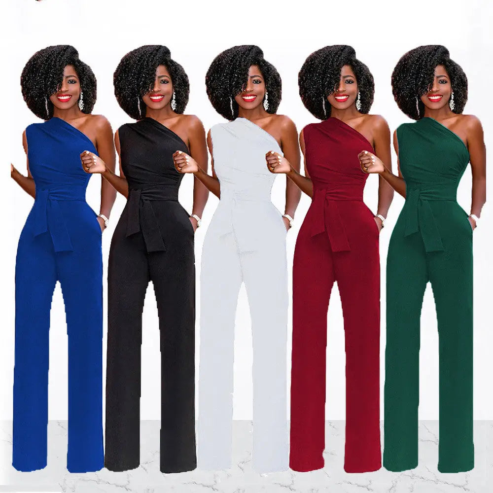 Solid color slant collar button up Jumpsuit hercurva