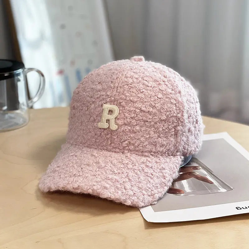 Winter Thick Lambskin Furry Large R Letter Baseball Cap hercurva