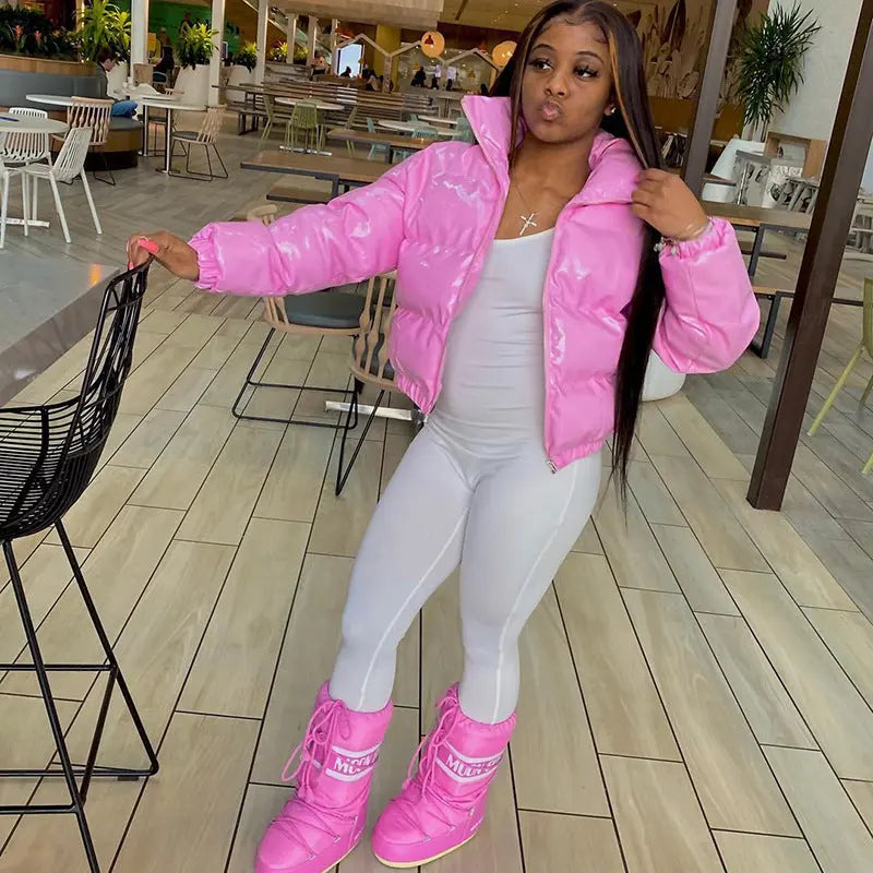 Sisterlinda Faux PU Leather Y2K Bubble Puffer Winter Warm Jacket Women Coats Long Sleeve Outerwear Zipper Casual Slim Parkas hercurva