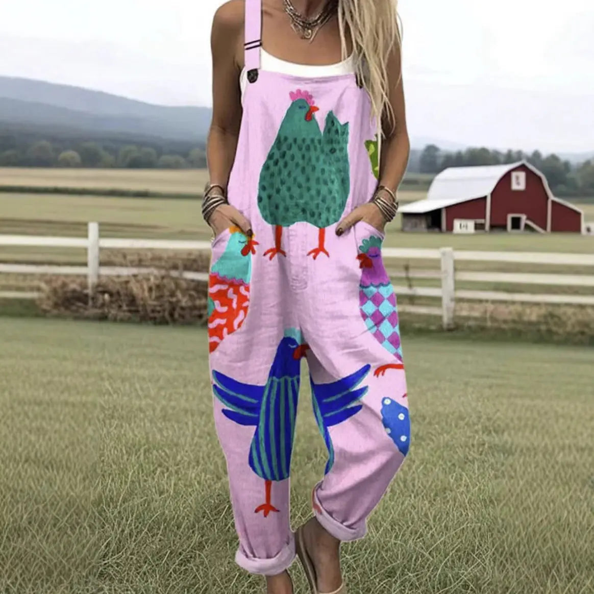 Female Digital 3D Printing Button Casual Suspender Trousers hercurva
