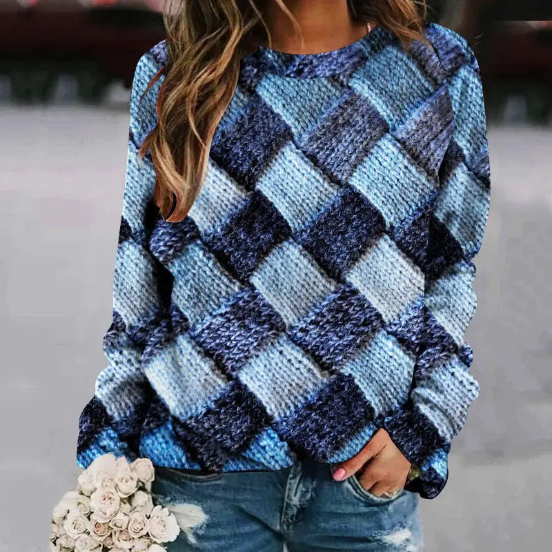 Printed Patchwork Round Neck Raglan Long Sleeve Women's Sweater hercurva