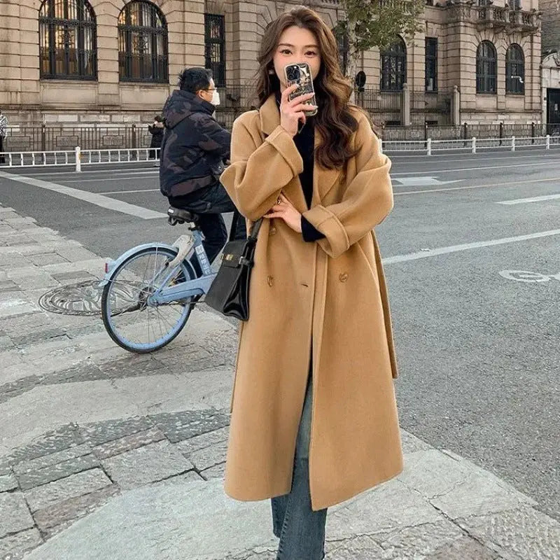Loose Mid-length Lace-up Woolen Coat Women hercurva