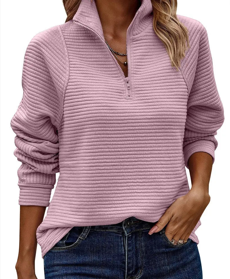 Zipper Stand Collar Pullover Sweatshirt Fashion Solid Striped Long Sleeve Top Spring And Autumn Women's Clothing hercurva