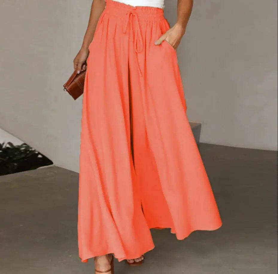 Women's Fashion Wide Leg Elastic Waistband Wide Leg High Waist Long Dress Pants hercurva