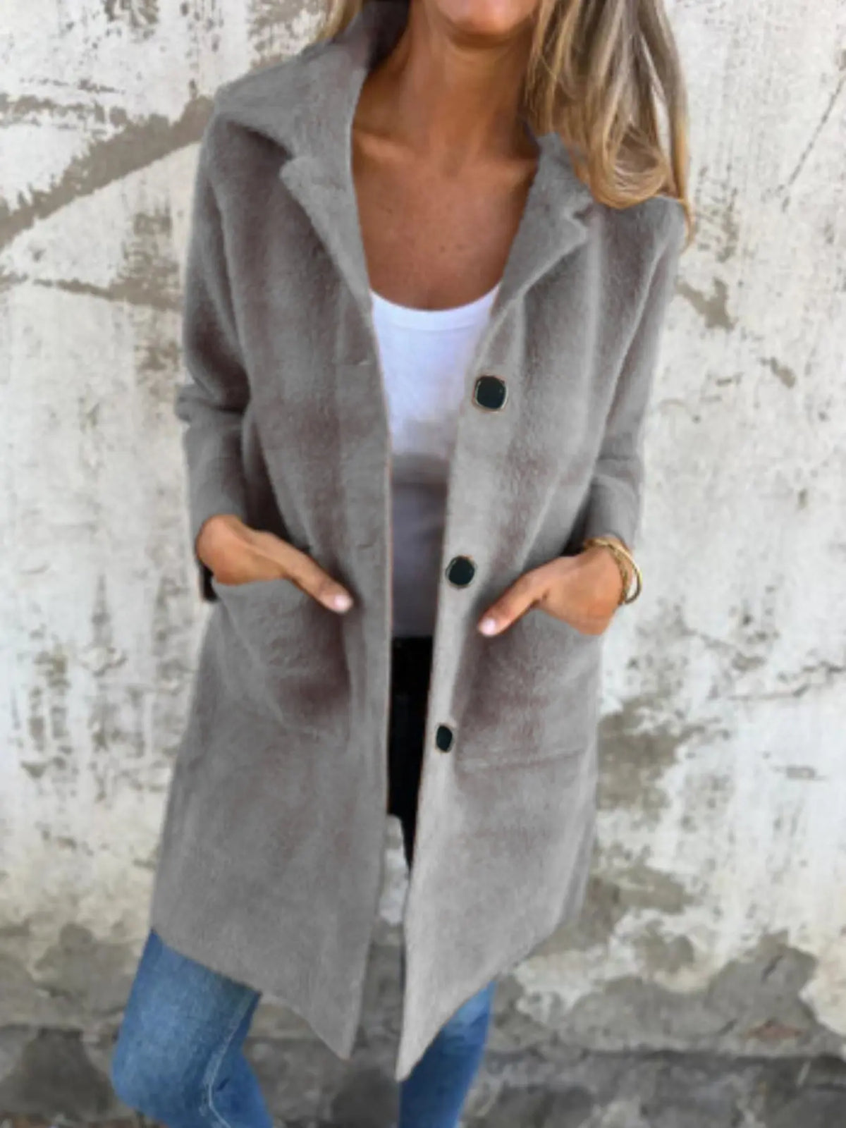 Single-breasted Polo Collar Pocket Mid-length Coat hercurva