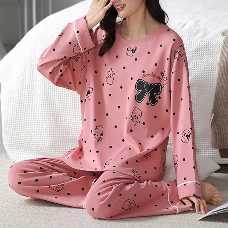 Loose Print Pajamas Women Autumn Winter Pyjama Set Long Sleeves And Trousers Elegant Sleepwear Girl Loungewear Home Clothes hercurva
