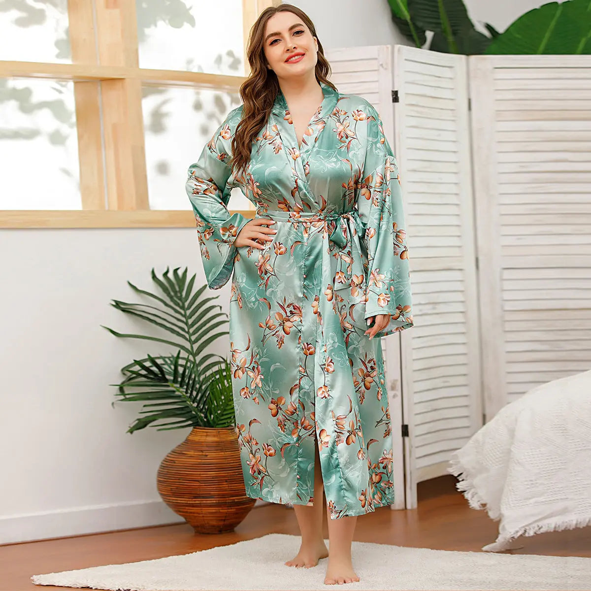 Long Robes For Women Flower Print Bathrobe V-neck Silk Sleepwear hercurva