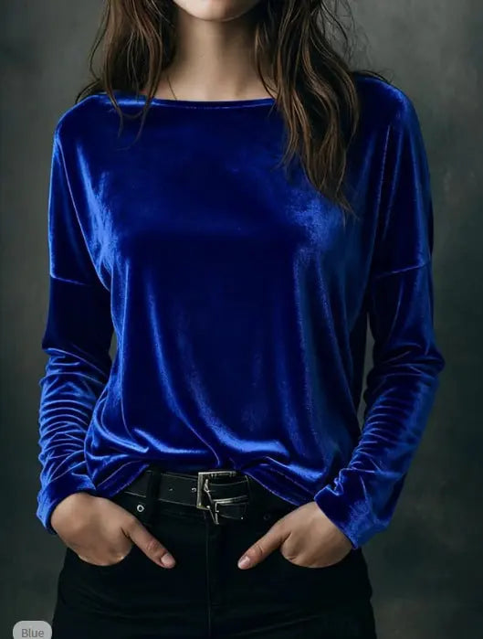 Female Solid Color Loose Fit Crew-neck Pullover Velvet T-shirt hercurva