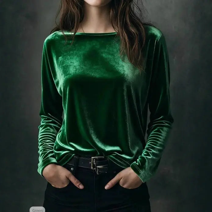Female Solid Color Loose Fit Crew-neck Pullover Velvet T-shirt hercurva