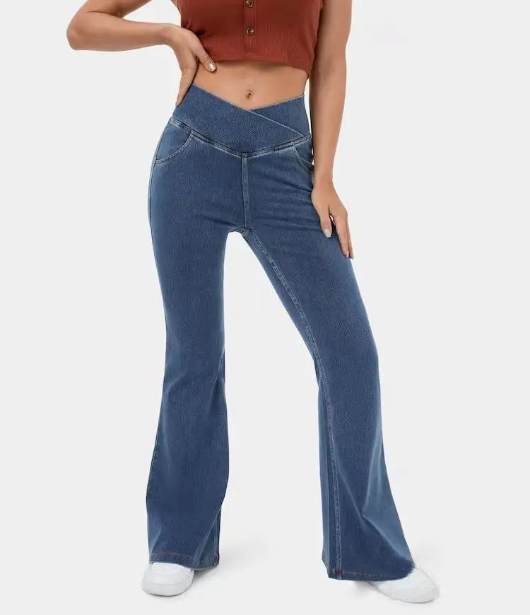 High Imitation Denim Bell-bottom Pants Cross-border Hip Lifting European And American Women Bell-bottom Pants hercurva