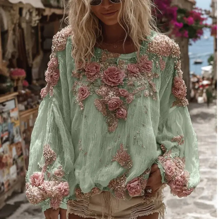 Women's 3D Printed Long-sleeved Shirt Loose All-match High-grade Top hercurva