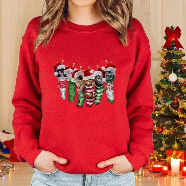Lady Christmas Cat Round Neck Sweater Long Sleeve hercurva