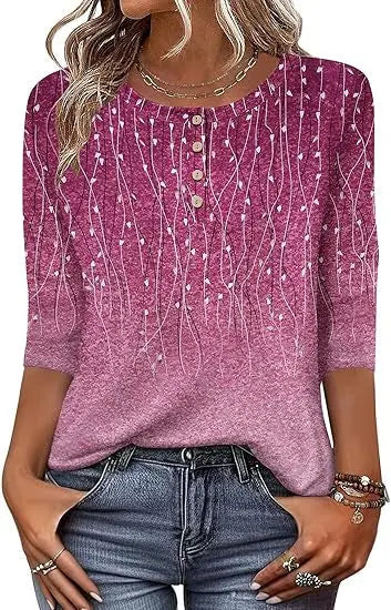 Printed 34 Sleeves Button Women's T-shirt hercurva