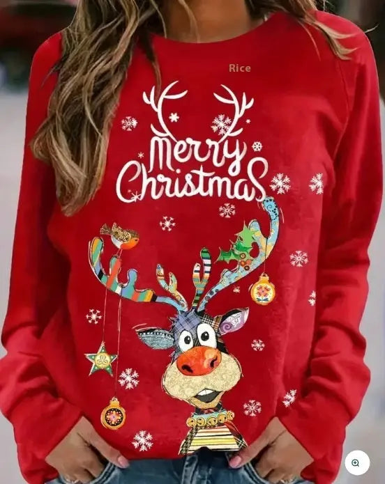 Christmas European And American Women Printed Crew Neck Sweatshirt hercurva