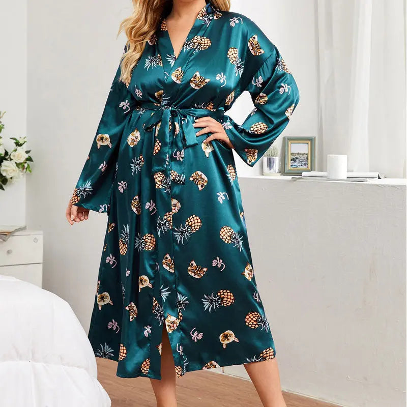 Long Robes For Women Flower Print Bathrobe V-neck Silk Sleepwear hercurva