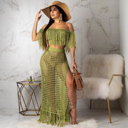 Hollow-out Handmade Tassel Off-shoulder Beach Skirt Suit hercurva