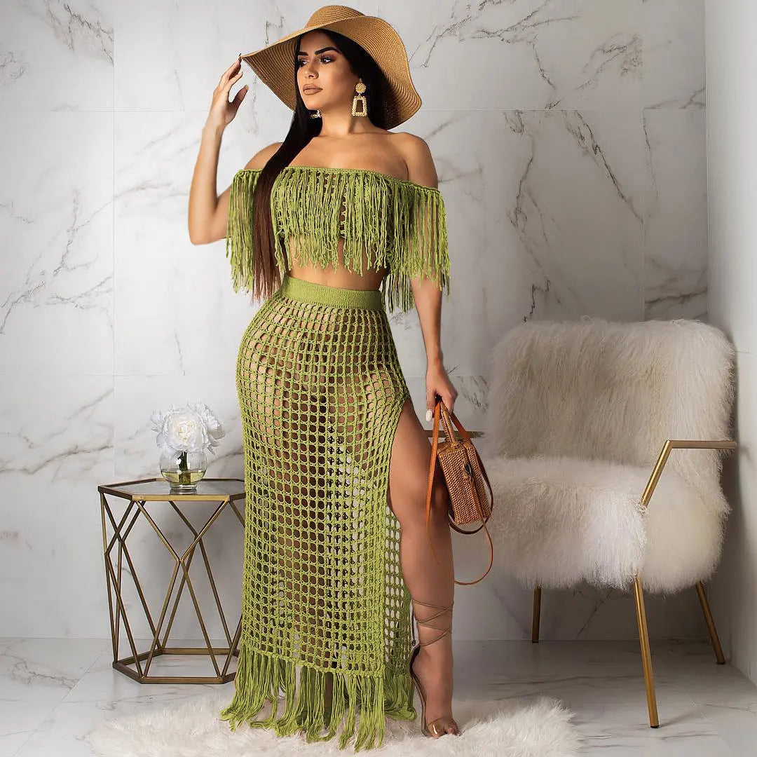Hollow-out Handmade Tassel Off-shoulder Beach Skirt Suit hercurva