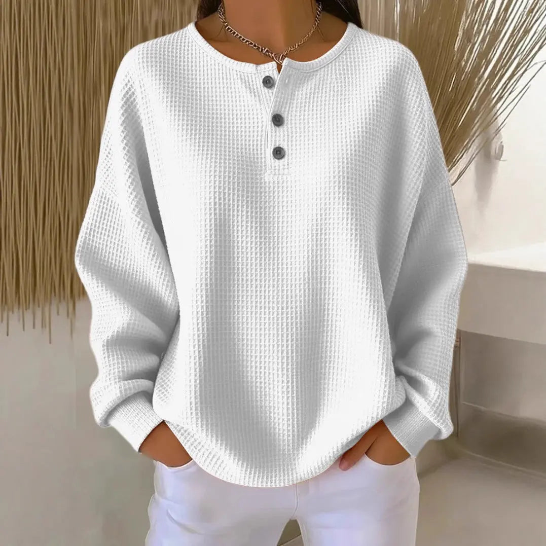 Round Neck Waffle Solid Color Pullover Loose Top hercurva